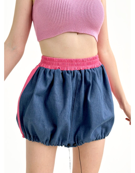 Міні спідниця Глорія джинсова з рожевим поясом на резинці та утяжками знизу Міні спідниця Глорія джинсова з рожевим поясом на резинці та утяжками знизу
