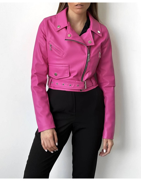 Косуха укорочена з екошкіри на замші фуксія