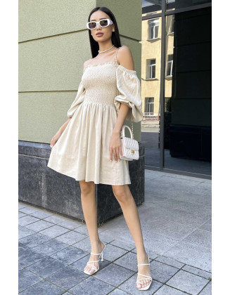 Сукня лляна з пишним рукавом бежева