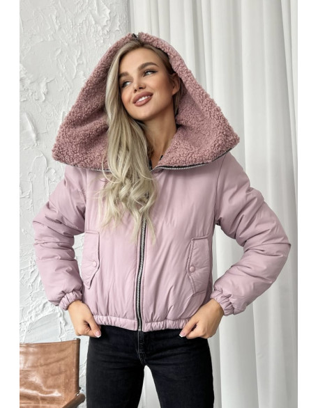 Курточка коротка з хутровим капюшоном рожева